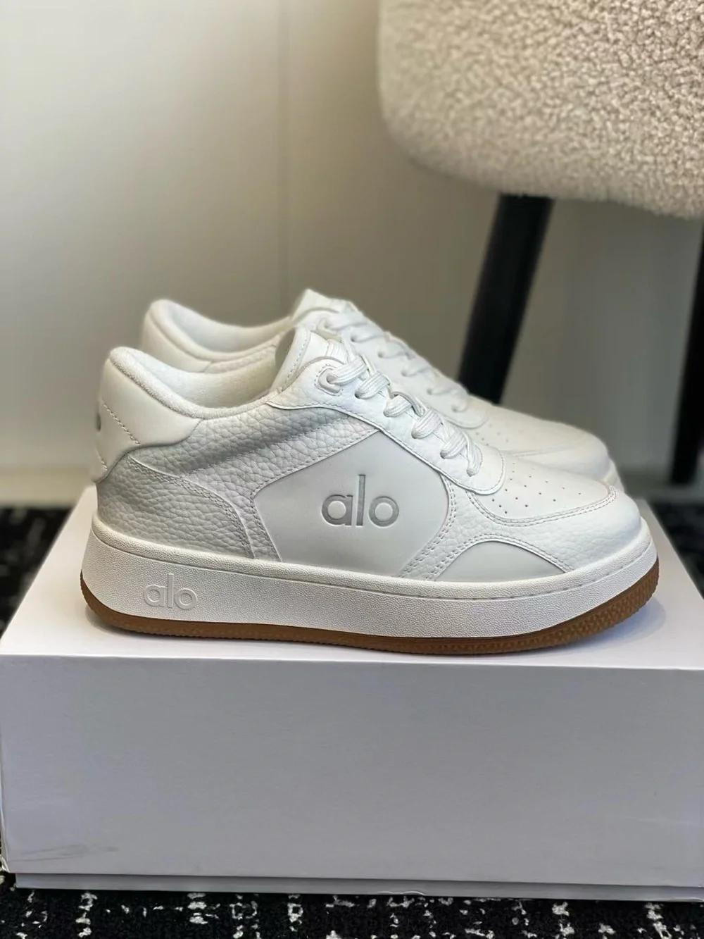 ALO Yoga White Leather Sneakers with Gum Outsole